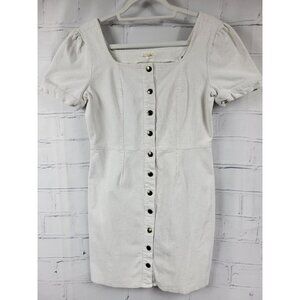 BOHME White Corduroy Mini Dress Womens Button Up Short Sleeve Cute Simple